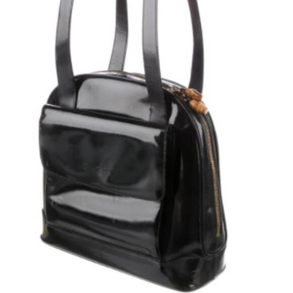 Gucci LARGE SIZE Patent Leather BLACK Shoulder Bag 12"x10" Double Straps Bamboo